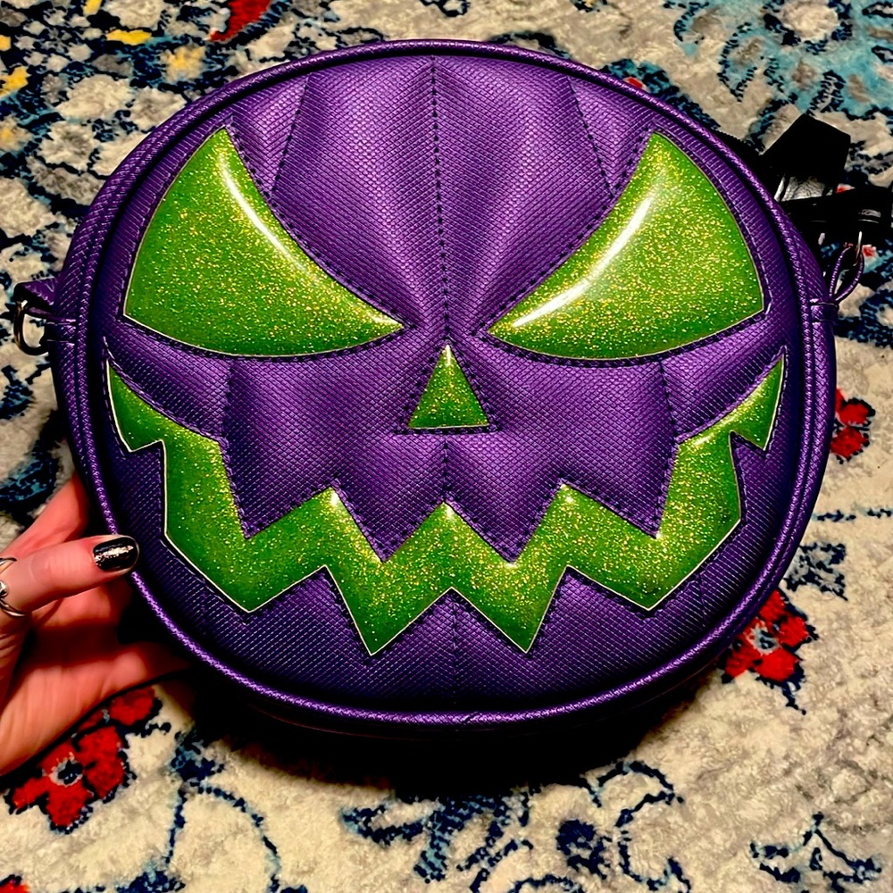 Love Pain and Stitches purple and green jack o lantern purse
